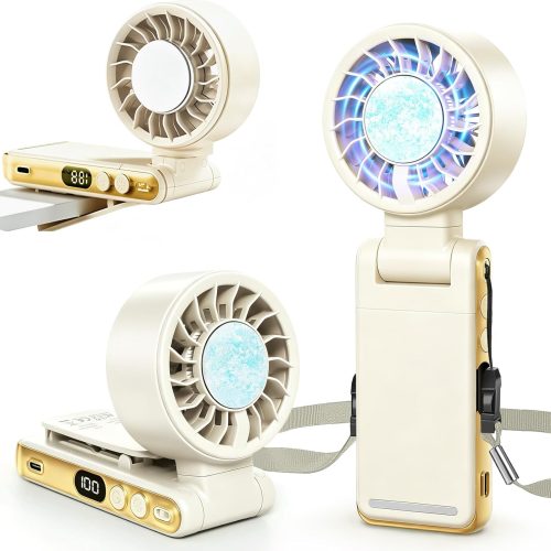 Handheld Portable Turbo Fan with Ice Cooling,5 Speed Rechargeable LED Display Foldable Hand Held Personal Clip/Neck/Waist Fan,180°& 360° Adjustable,Pocket Mini Fan for Outdoor/Home/Office (Khaki)