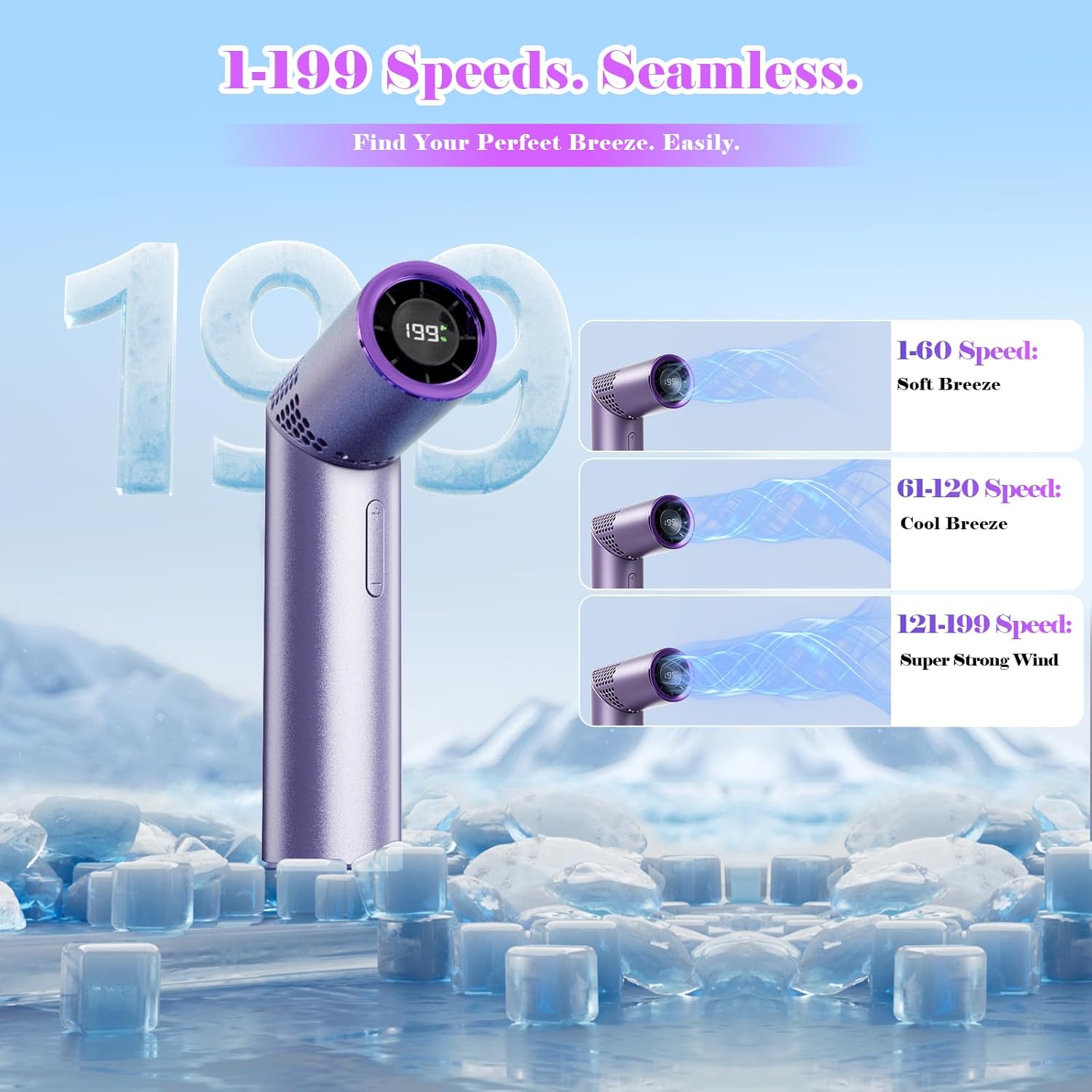 Portable Handheld Turbo Fan,3 IN 1 Rechargeable Mini Fans,Up to 12 Working Hours,1-199 Speed,Digital Display,for Outdoor,Travel,Beach,Office,2026 Summer Gifts for Women (Purple) - Image 2