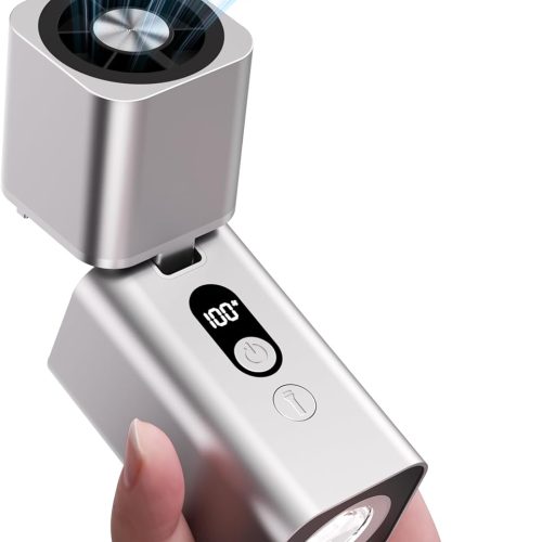 Titanium Alloy Handheld Fan – Ultra-Compact & Lightweight Design, Built-in Flashlight & SOS Mode, 100-Speed Stepless Control, 25dB Quiet BLDC, 90° Foldable Portable Mini Fan, USB-C Titanium Silver