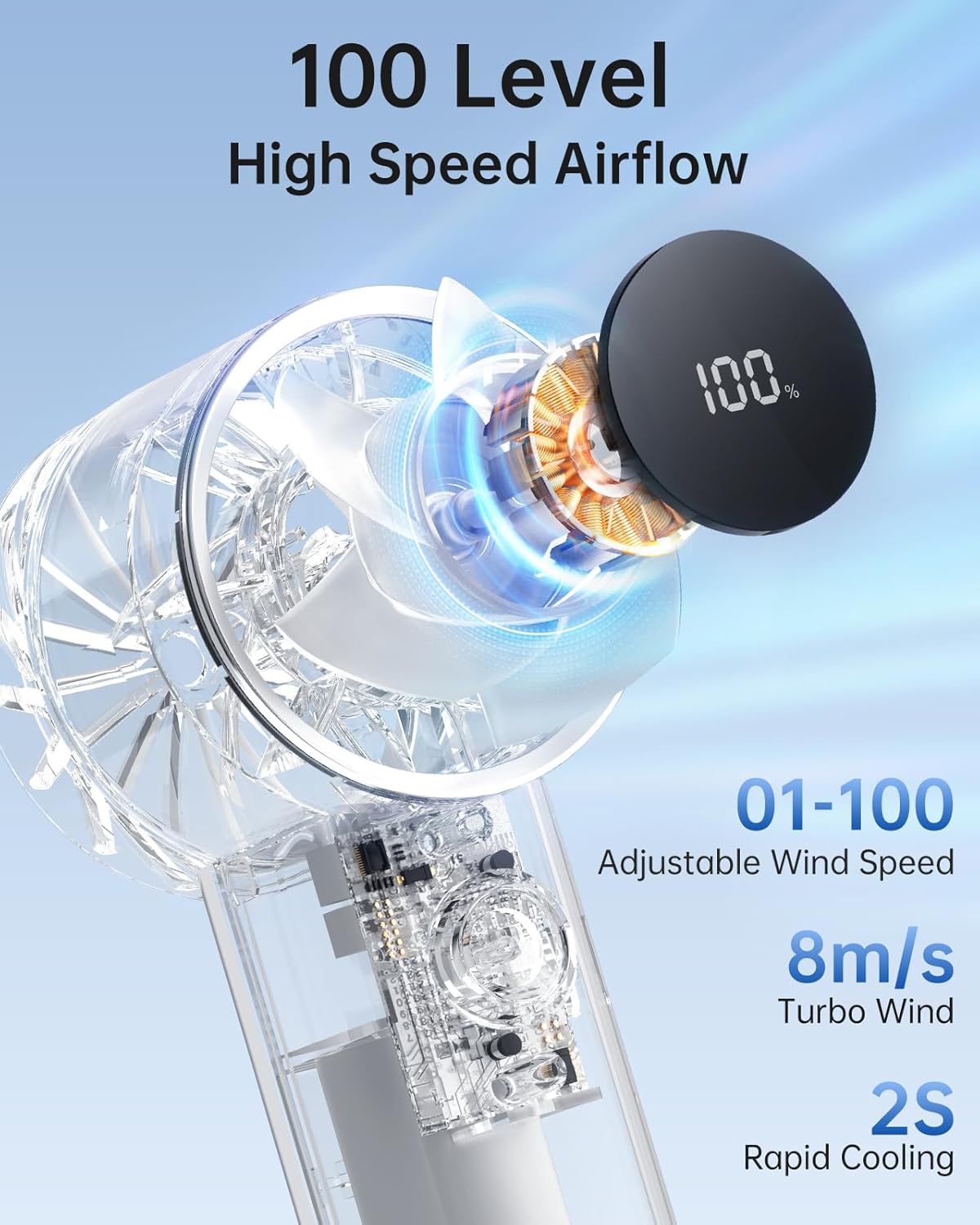 Portable Fan Mini Handheld Turbo Fan for Travel, 20H Max Cooling Time, 1-100 Speeds Rechargeable Battery Fans with LED Display, Transparent Hand Held & Desk Personal Fans for Outdoor Beach - Image 2